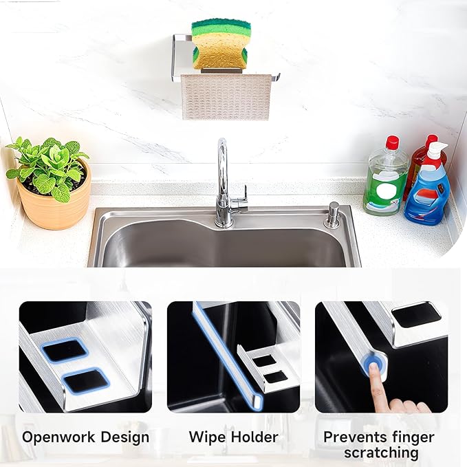 Sponge and Dish Cloth Holder for Kitchen Sink, 2 in 1 Adhesive Sink Dish Sponge Holder, Sinks Caddy Organizer Rack for Storage Sponges Scrubber Glove and Brush, Silver