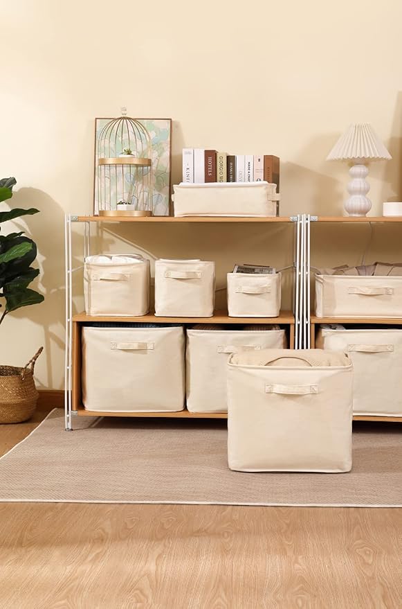 Decorative Basket Rectangular Fabric Storage Bin Organizer Basket with Handles for Clothes Storage (14.5 x 10.2 x 13.3, Beige)