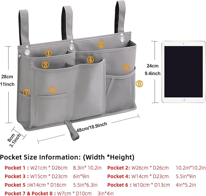 gedamari Bedside Organizer, Durable Bunk Bed Caddy, Multi-Pocket Hanging Storage Bag for College Dorm, Home, Hospital and Baby Stroller, Easy Installation, Metal Rivets Added, Oxford Fabric(Gray)
