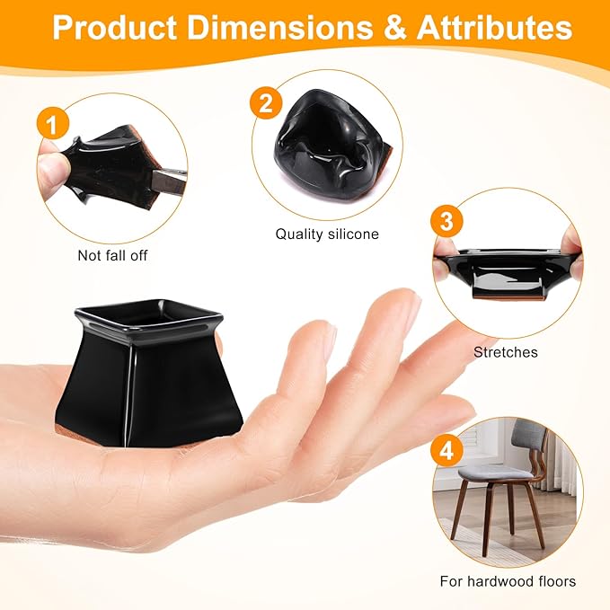 CHUNZEXI 24 Pack Square Chair Leg Floor Protectors for Hardwood Floors, Silicone Felt Covers Pads Caps, Protect Wood Furniture Feet Floors Noise Reduce and Scratch (Square Large & Black)