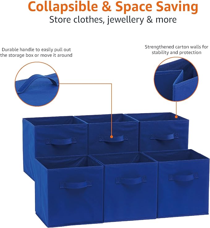 Amazon Basics Cube Organizer Storage Bins Handles,Collapsible Fabric,10.5"x10.5"x11",Navy,6 Count (Pack of 5)