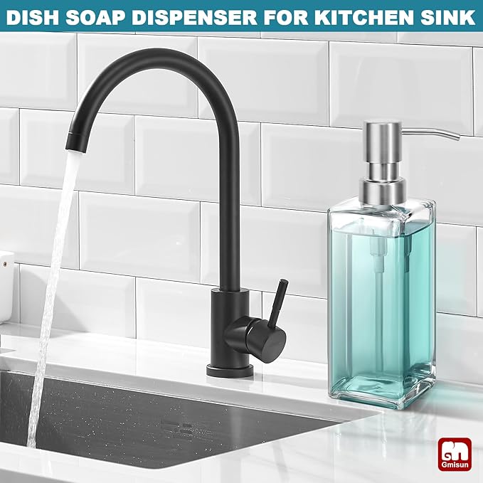 GMISUN Glass Soap Dispenser with Stainless Steel Pump, Clear Hand Soap Dispenser for Bathroom, 12 fl oz/350ml Dish Dispensers for Kitchen, Modern Refillable Liquid Soap Lotion Bottle for Countertop