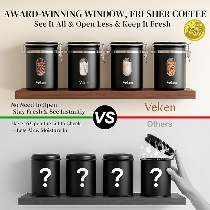 Veken Coffee Canister with Window, Airtight Stainless Steel Kitchen Food Storage Container with Lids, Date Tracker and Scoop for Grounds Coffee, Beans, Tea, Flour, Cereal, Sugar Jars, 16OZ, Black