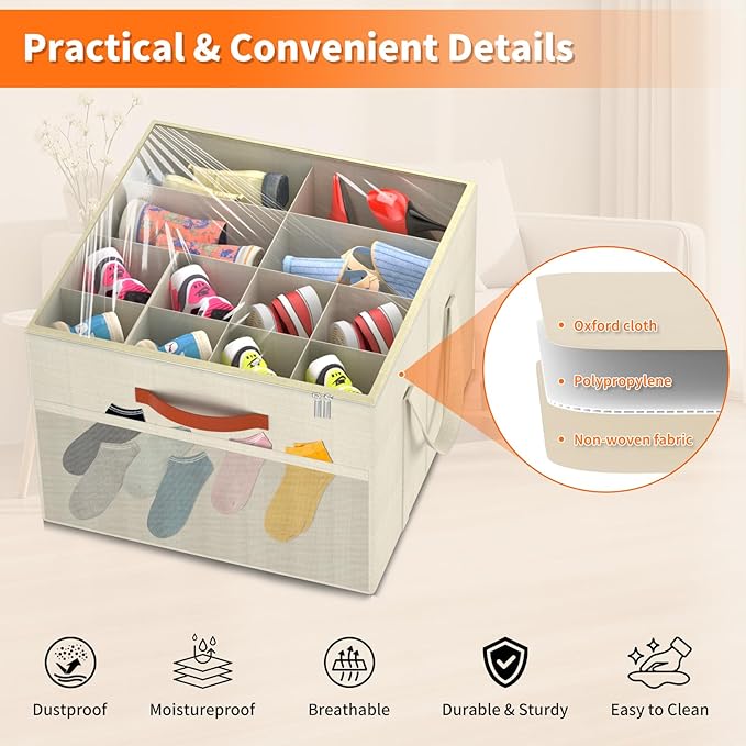 Aokeyee 2 Pack Shoe Organizer for Closet, Foldable Shoe Storage Organizer Box w/Clear Cover and Reinforced Handles, Space Saving Shoes Bin Fits up to 32 Pairs, Beige