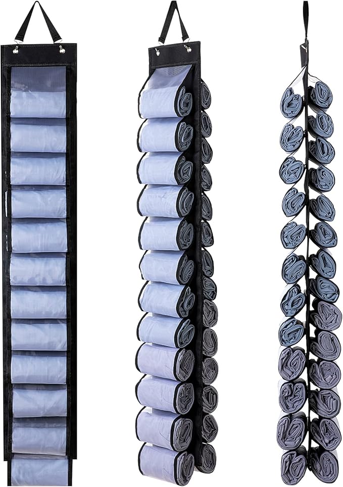 Legging Organizer, Foldable Hanging Closet Organizer with 26 Roll Compartments for Yoga Clothes, Pants, Shirts (Black)