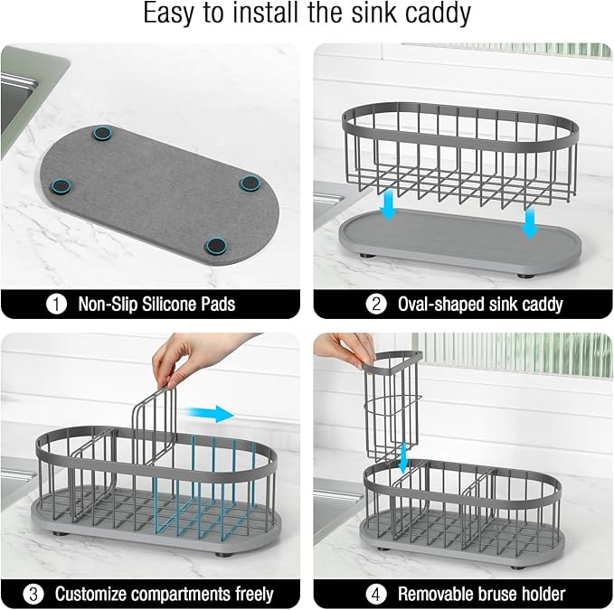 LARGE Kitchen Sink Caddy Organizer,[FLEXIBLE PLACEMENT & FAST-DRYING] Sponge Holder for Kitchen Sink Countertop with High Brush Holder-Rustproof 304 Stainless Steel-9.84"L x 4.72"W x 5.83"H