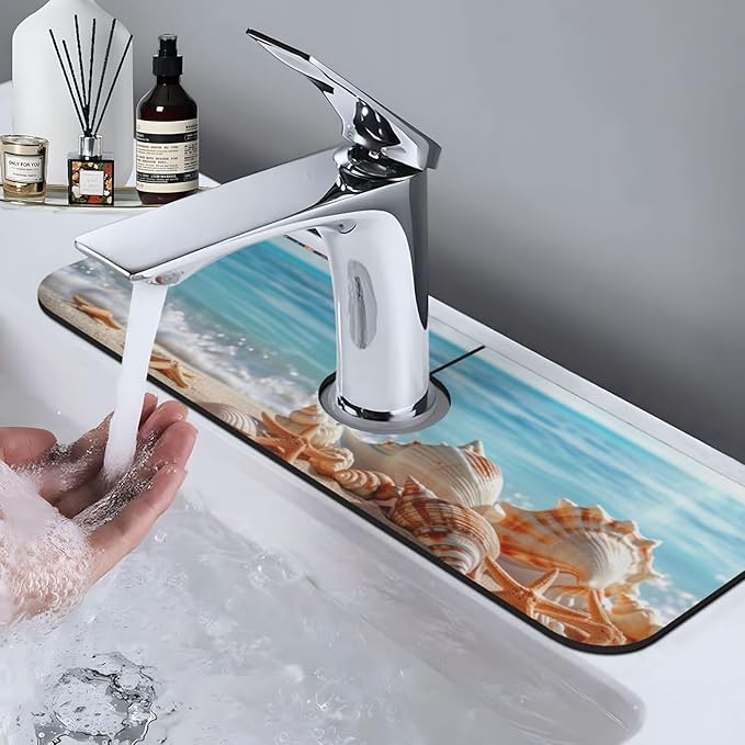 Faucet Draining Mat For Kitchen Sink, Beach Seashells Starfish Diatom Mud Absorbent Drain Pad For Bathroom Kitchen Sink Splash Guard Drying Mat