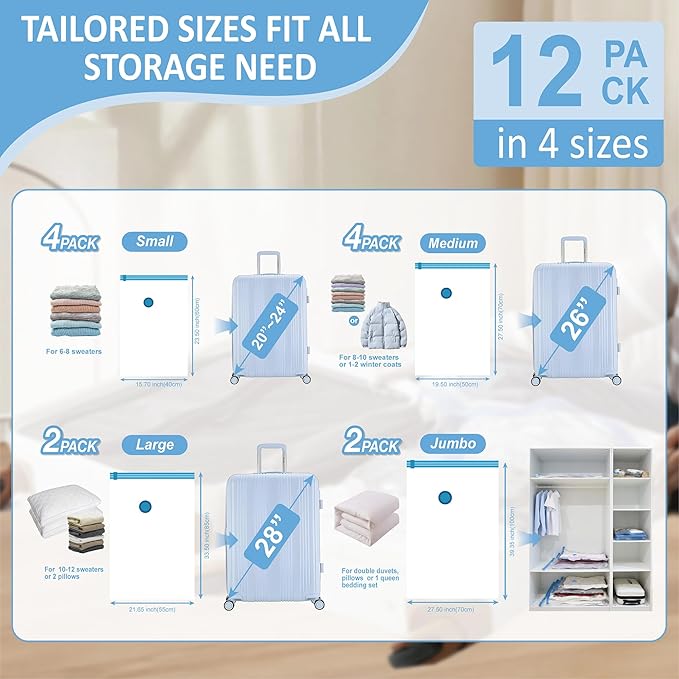 Cozy Essential 12 Pack Travel Vacuum Storage Bags with Rechargeable Wireless Electric Pump for Luggage, Suitcase, Carry-on Size Vacuum Seal Compression Space Saver Bags for Clothes and Clothing Travel