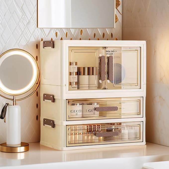A stackable desktop organizer with drawers and compartments, ideal for storing cosmetics, beauty tools, jewelry, and school supplies in a student dorm. Features a convenient magnetic door handle.