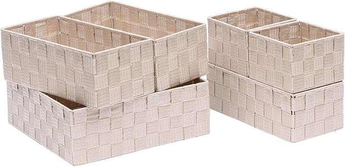 Storage Bins Woven Organizer Set of 6 – Polypropylene Storage Baskets with Metal Frame, Stackable Fabric Boxes for Drawers, Closet, Shelf, Nursery and Office, Beige