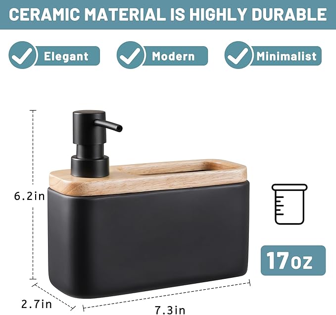 Black Soap Dispenser with Sponge Holder Ceramic Hand and Dish Soap Dispenser 17oz for Kitchen Bathroom