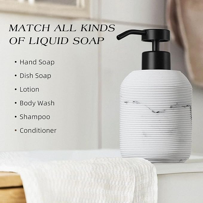 Marble Hand Soap Dispenser for Bathroom, 12 Fl Oz Soap and Lotion Dispenser Set, 2 Pack White Resin Dish Soap Dispensers for Kitchen, Refillable Liquid Bottle Container with Plastic Pump