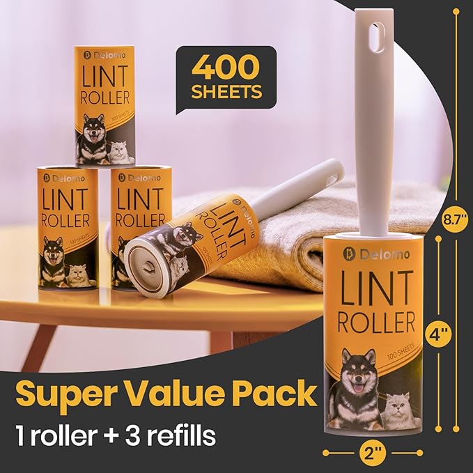 DELOMO Lint Roller 400 Sheets (1 Roller + 3 Refills) - Lint Rollers for Pet Hair Extra Sticky, Mega Value Pet Hair Removal Tool for Clothes/Couch/Furniture/Car - Ideal Home Gift for Pet Owners