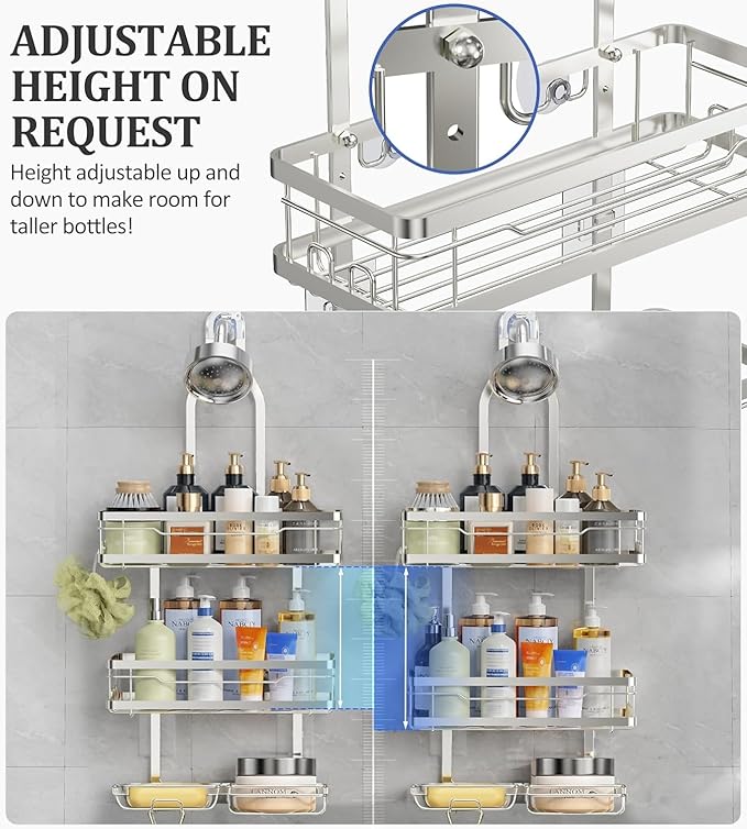 OMAIRA Shower Caddy Hanging with Soap Scrub Holder, Stainless Steel Adjustable No Drilling Non-Slip Large Capacity Sturdy Over Shower Head Shower Organizer Inside Shelves Bathroom Storage Rack, Silver