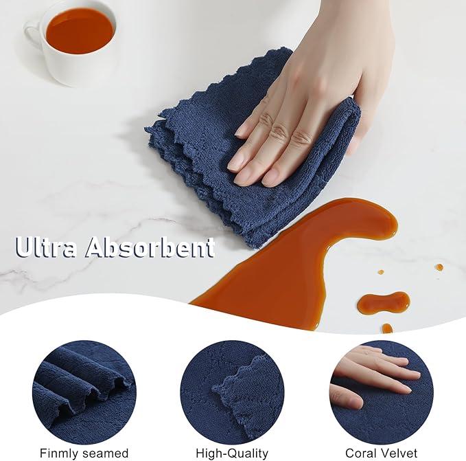 Homaxy Kitchen Towels and Dishcloths Set, 10 x 10 and 13 x 19 Inches, Set of 12 Super Soft and Absorbent Coral Velvet Kitchen Towels, No Lint and Nonstick Oil Fast Drying Dish Towel, Navy Blue