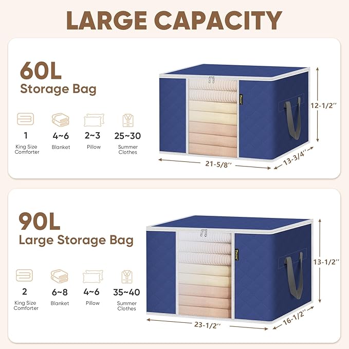 BALEINE 8 Pack Clothes Storage Bags, 24 Gallon Storage Containers with Reinforced Handle, Sturdy Zipper, Closet Organizer for Blanket, Comforter, Pillow, Bedding (Blue, 8 Pack)