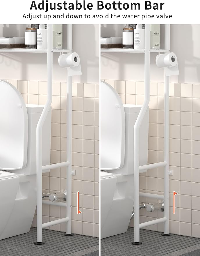 3-Tier Over The Toilet Storage, Freestanding Metal Bathroom Shelves with 4 Hooks, Over Toilet Storage Shelf with Paper Holder, Above The Toilet Shelf for Bathroom Storage, White