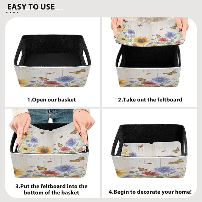Closet Storage Bins 2 Pcs Felt Open Home Storage Containers Organizer with Handles Collapsible Shelf Basket for Home Office Craft Room Classroom Fabric Cornflower Butterfly Daisy