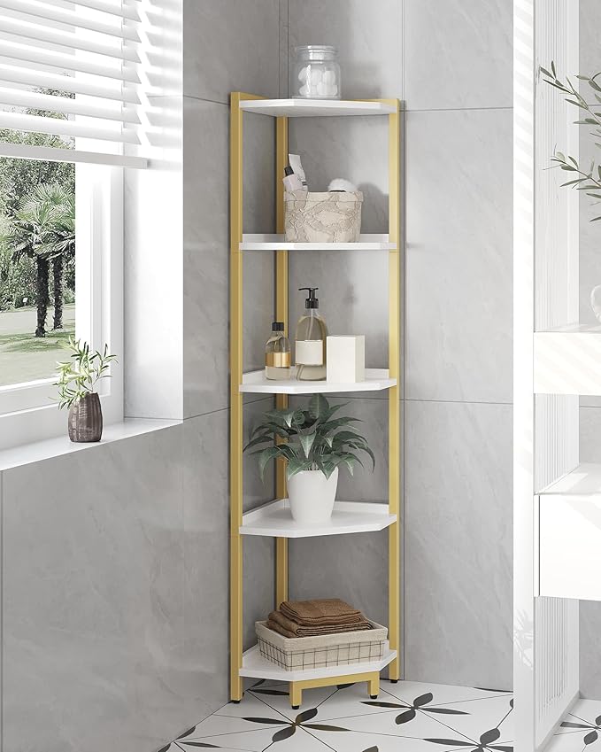 Corner Shelf Stand, Corner Bookshelf, Storage Standing Shelf Unit with Metal Frame, Plant Stand, Bookcase for Living Room, Home Office, Bedroom, 5-Tier White Gold CS05903A