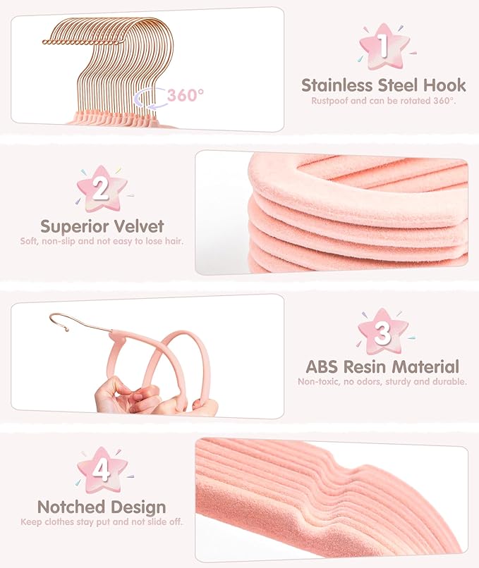 VIS'V Baby Hangers, 11 Inch Velvet Kids Hangers with 6 Pcs Clothes Size Dividers, Infant Toddler Nursery Closet Organization, Non Slip, Pink, 50 Pcs