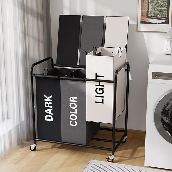 3-Compartment Laundry Cart with Lockable Wheels & Lid 180L Large Wheeled Laundry Basket Heavy-Duty Sorting Organizer for Laundry Room (Multicolor)