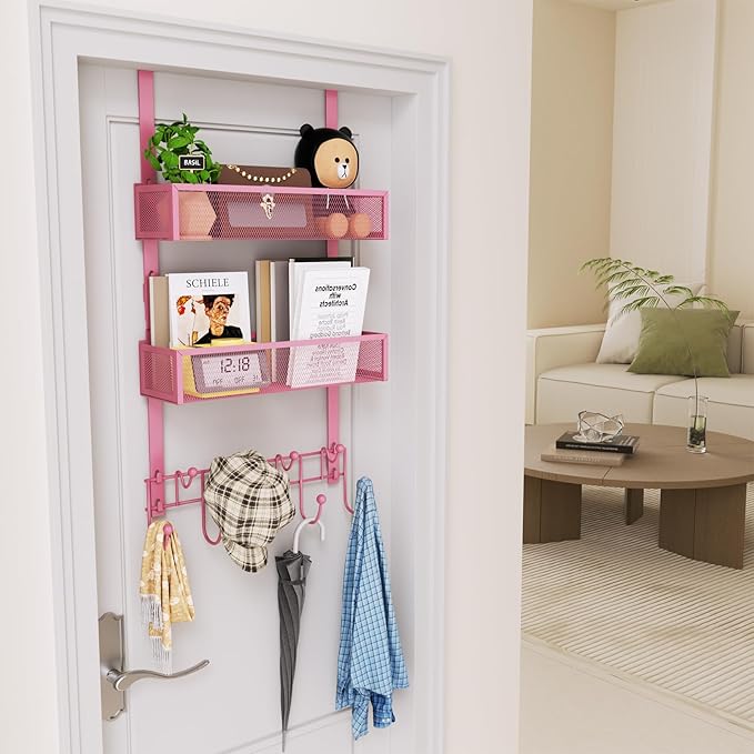 HapiRm Over The Door Hanger with Coat Hooks and 2 Baskets, Rustproof & Waterproof Pink Over The Door Hooks, Storage Organizer for Hats, Bathroom, Kitchen, Bedroom - Pink