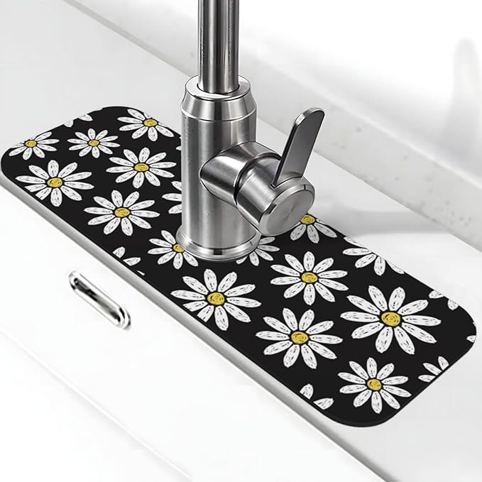 Daisy Flowers Floral Black Kitchen Sink Splash Guard Faucet Mat Super Absorbent Fast Drying Mat Sink Gadgets-Fast Drying Pad Sink Mat For Kitchen Bathroom (15" X 5.5" )