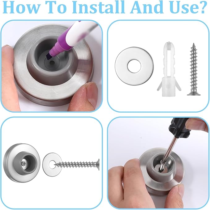 Concave Wall-Mount Door Stopper Wall Door Stops Bumper Stainless Steel Door-Knob Wall Protector Round Rubber Handle Stoppers with Rubber Prevent Door-Handle Damage Shield Walls(Grey, 8 Pieces)