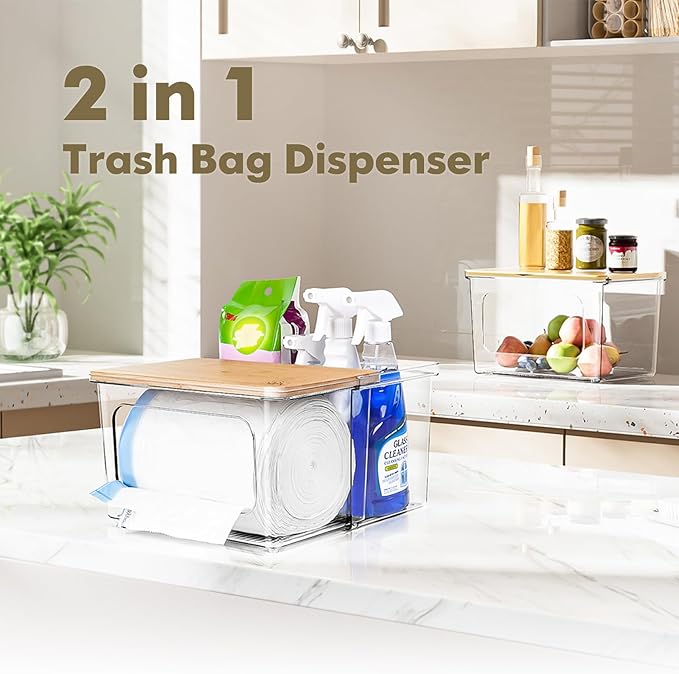 Trash Bag Dispenser Under Sink Organizer, 2-in-1 Acrylic Trash Bags Holder with Bamboo Lid, Holds Large Rolls up to 100 Count, Garbage Bag Storage Container for Kitchen, Pantry, Laundry Room