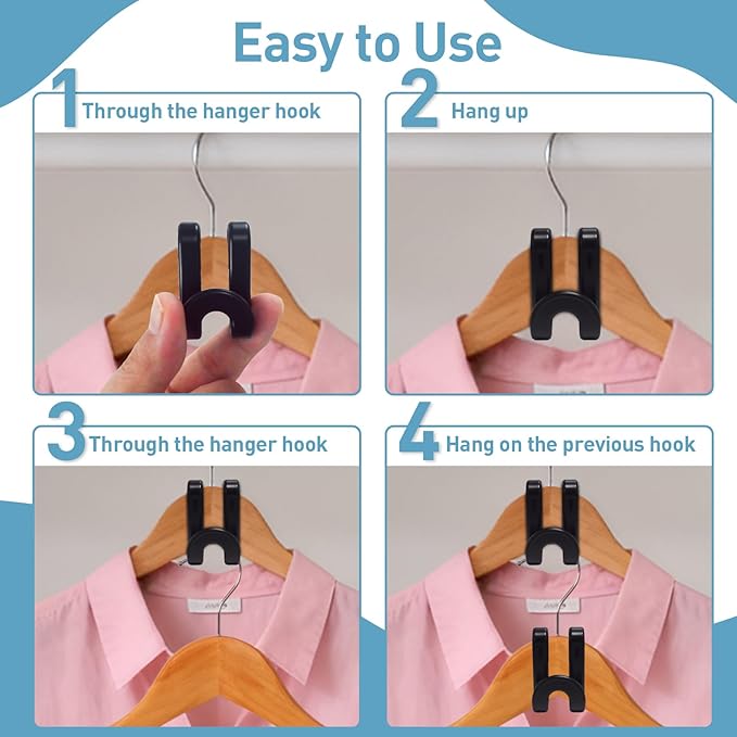 100 PCS Clothes Hanger Connector S Shaped Hooks,Plastic Reusable Space Saving Heavy Duty Hanger Extender Clips for Closet Organizer,Includes 1 Mesh Storage Bag(Black)