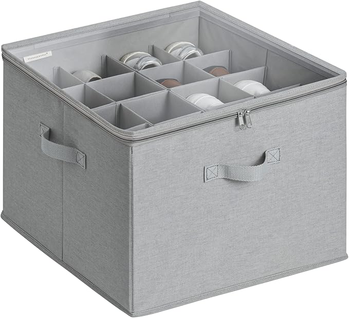 StorageWorks Shoe Organizer for Closet, Fits up to 16 Pairs, Shoe Cubby Storage Containers with Adjustable Dividers and Clear Cover, Grey