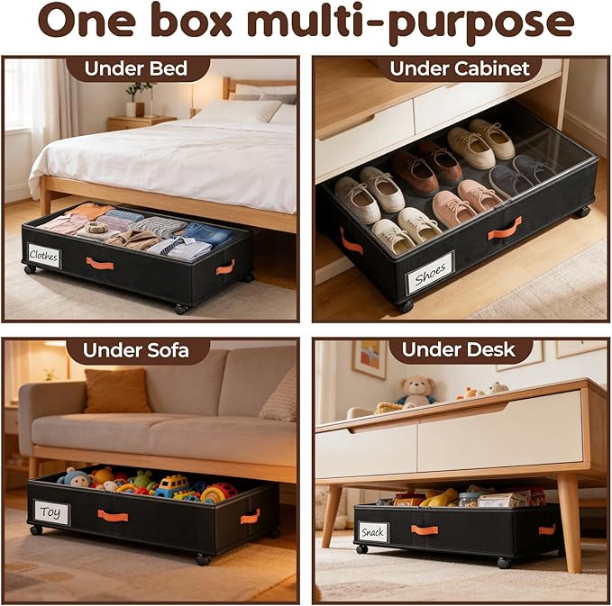 Under Bed Storage with Wheels 2-Pack, Under Bed Storage Containers 60L Clear Lids, Rolling Storage Drawers for Clothes Shoes Blankets, Underbed Organizer Bins(32" L x 17.3" W x 7.2" H)
