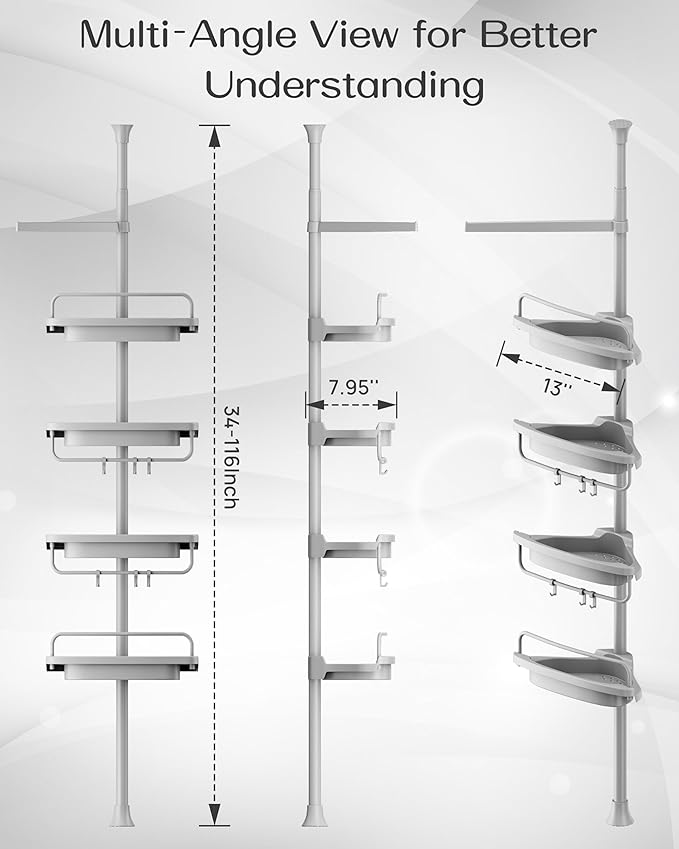 ALLZONE Rustproof Shower Caddy Corner for Bathroom,Bathtub Storage Organizer for Shampoo Accessories,4-Tier Adjustable Shelves with Tension Pole, 34 to 116 Inch, Grey