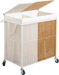 WOWLIVE Laundry Hamper with Wheels, Handwoven Rolling Laundry Basket with Lid, Clothes Hamper with Divided Removable Liner Bag, 115L Large Laundry Sorter Laundry Room Organization, White and Natural