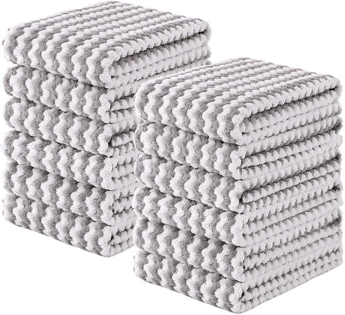 Homaxy Kitchen Towels(12 Pack, 10 x 20 inches), Ultra Soft and Absorbent Dish Towels, Reusable Fast Drying Microfiber Cleaning Cloth, Coral Velvet Wave Design No-lint, Grey