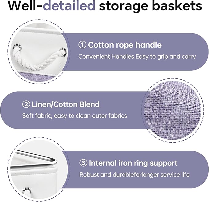 13x13 Inch Cube Storage Bins with Reinforced Bottom Cardboard, 6 Pack Large Foldable Fabric Storage Cubes with Handles for Shelf, Closet, Laundry Organization (White&Purple)