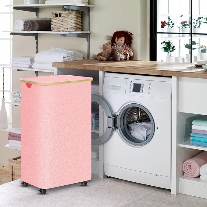 Pink Hamper with Wheels - 100L Large Laundry Hamper with Lid, Rolling Hamper on Wheels, Collapsible Laundry Basket with Removable Mesh Bag and Bamboo Handle for Easy Carrying