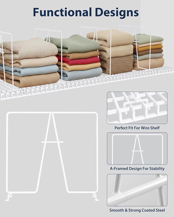 10 Pack Wire Shelf Dividers for Closet, Solid Coated Metal Closet Dividers for Closet Organization, Easy Install Closet Shelf Divider for 12'' Tall x 12'' Deep Wire Shelves and Storage, White