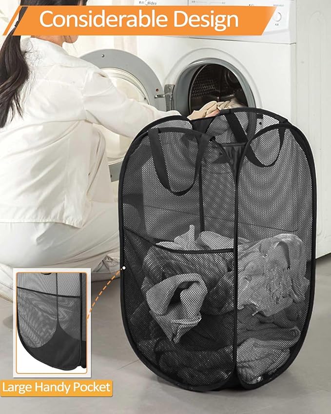 Durable Collapsible Laundry Baskets, Upgrade Foldable Pop Up Hamper for Laundry, Mesh Clothes Hamper with Side Pocket, Reinforced Carry Handles for Laundry, Bathroom, Kids Room, Dorm or Travel Black