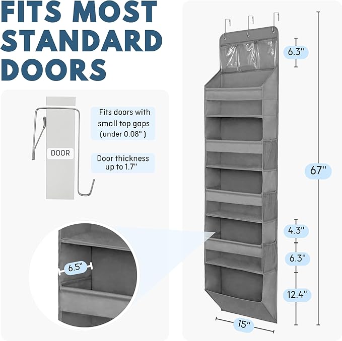 Over The Door Organizer Hanging with 5 Large & 6 Side Pockets 5 Tier Behind Door Storage 50 lbs for Closet, Nursery, Bathroom Door Organizer, 1 Pack, Grey