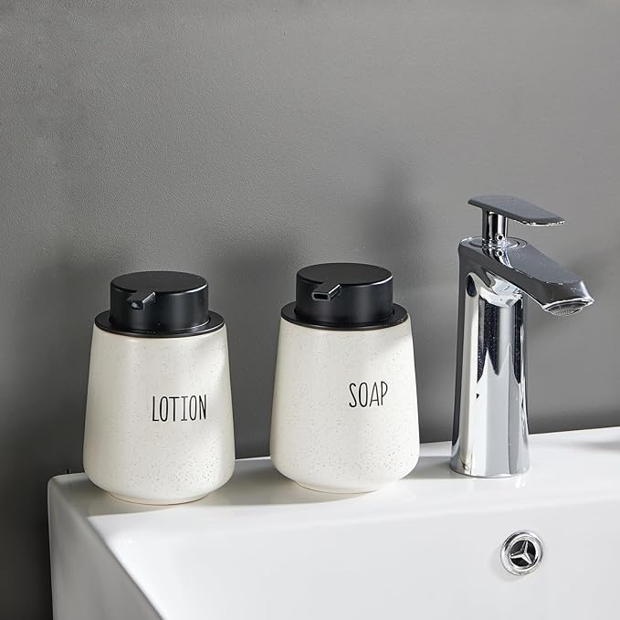 12Oz Beige Soap Dispenser Set - Ceramic Speckled Lotion Hand Soap Dispenser Set with Easy-to-Press Black Pump, Refillable Mordern Liquid Dish Soap Dispensers for Bathroom & Kitchen, 2 Pack