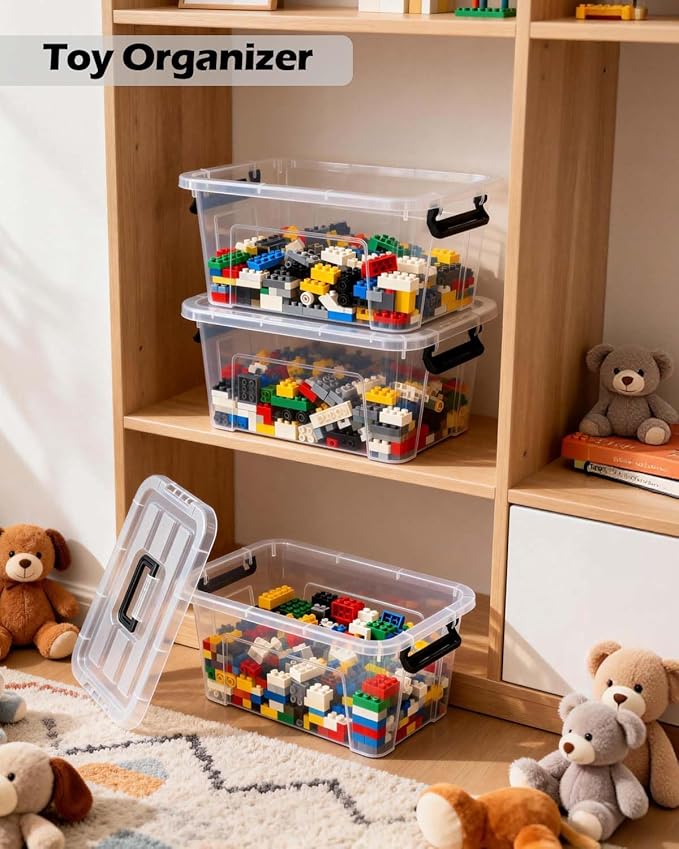 Plastic Storage Bins with Lids 6 Pack Storage Organizer, 7 Quart Stackable Storage Bins with Buckle Lids and Handle easy for Home Office Pantry Organization, Clear