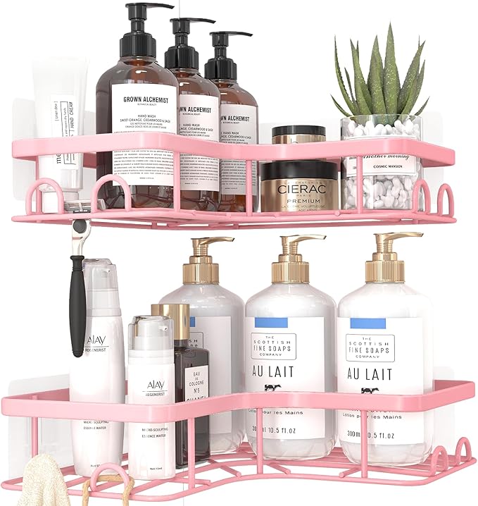 Corner Shower Caddy - 2 Pack, Adhesive Shower Organizers, Rustproof Stainless Steel Shower Shelves with 8 Hooks, No Drilling Bathroom Organizers and Storage Racks, Space-Saving, Pink, Medium