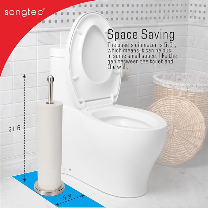 Songtec Toilet Paper Holder Stand with Reserve, Floor Standing Tisse Roll Holder for 4 Rolls, Compact Design Bathroom Toilet Paper Storage - Brushed Nickel