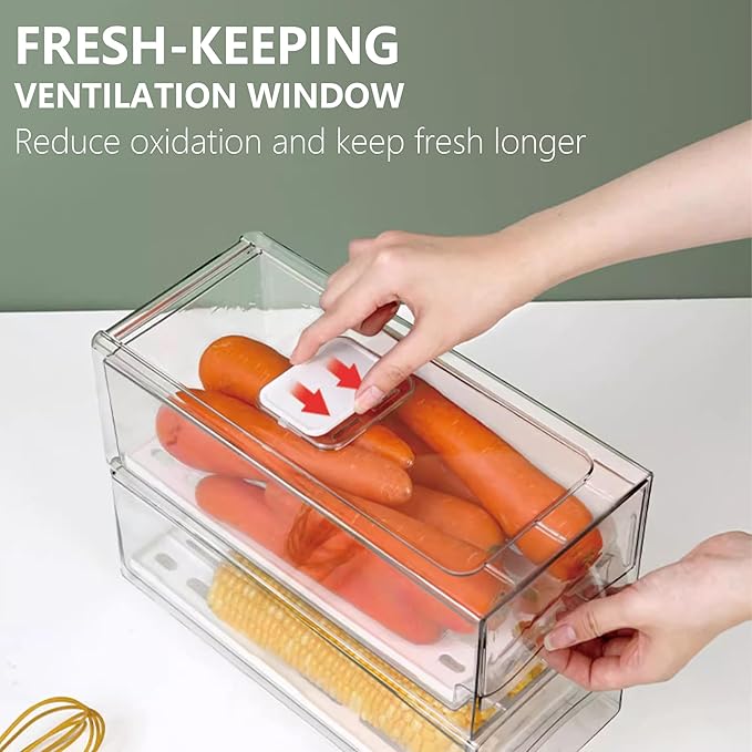 bealy 2 Pack Large Capacity Refrigerator Organizer and Storage, Fruit Storage Containers,Stackable Storage Containers for Drinks, Meat,Vegetable,Produce,Kitchen, Barbecue Shop, Restaurant, BPA-Free