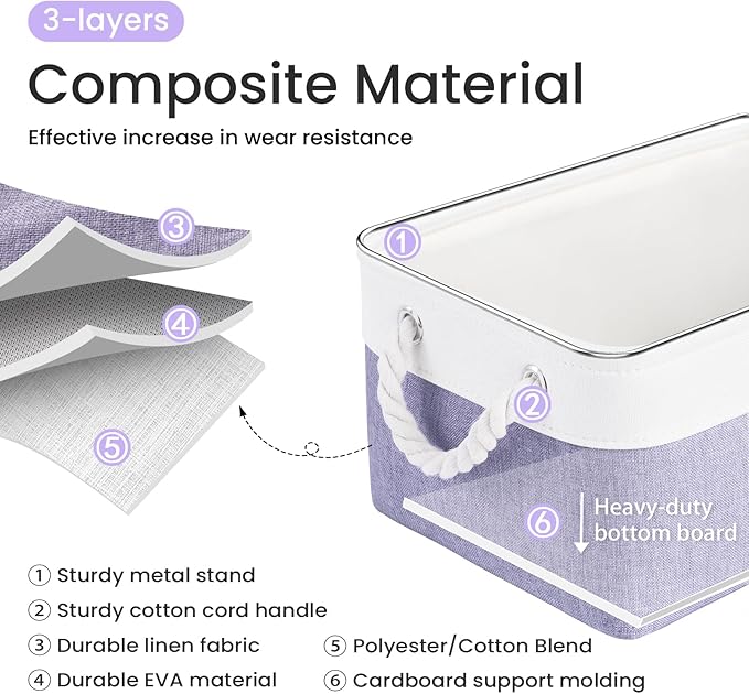Storage Baskets for Shelves 13.8x9.8x6.7 Inch, Foldable Fabric Storage Bins with Handles, Small Storage Baskets for Organizing Closet, Office, Home Organization (1-Pack, White&Purple)