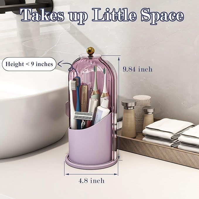Zufudo Dustproof Toothbrush Holders with Cover, Rotating Electric Toothbrush and Toothpaste Holder for Bathroom Countertop, 3 Slots Makeup Brushes Organizer, All Pink