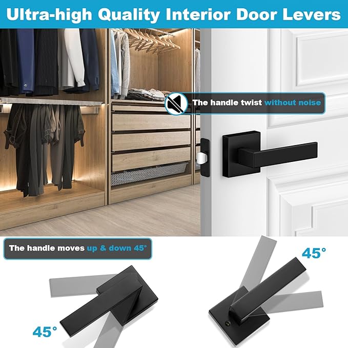 Estmoon 8 Pack Passage Door Handles Matte Black Door Levers, Interior Door Knobs Square Heavy Duty Non-Locking Handlesets Hall Closet Handles