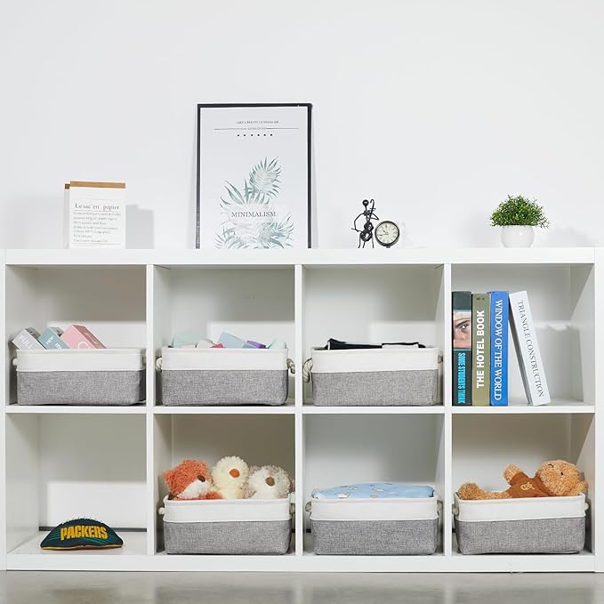 Bidtakay Small Baskets for Organizing Fabric Storage Baskets for Shleves 6 Pack Collapsible Closet Storage Bins with Handles Linen Organizer Baskets for Bathroom Nursery Home Storage (White&Grey)