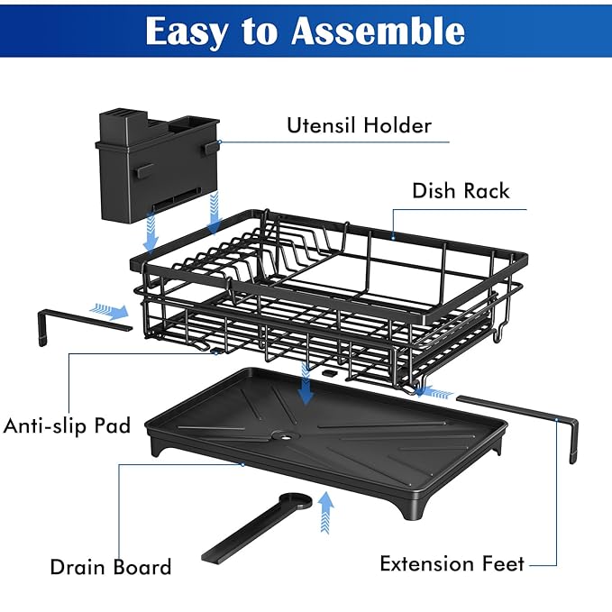 Storico Large Dish Drying Rack - Extendable Dish Rack, Dish Drainer for Kitchen Counter, Dish Drainer with Adjustable Support Legs & Utensil Holder, Black